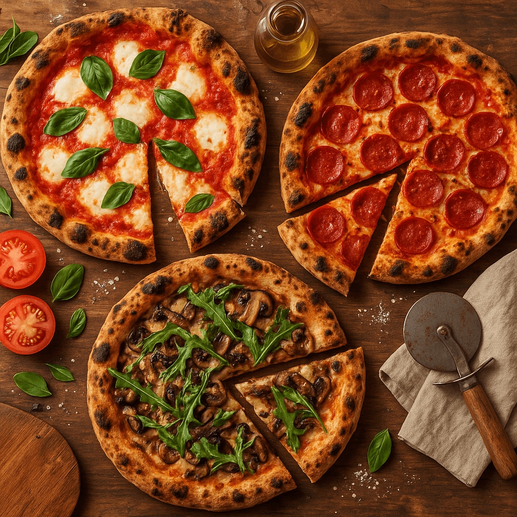 Verschiedene Holzofenpizzen auf rustikalem Tisch