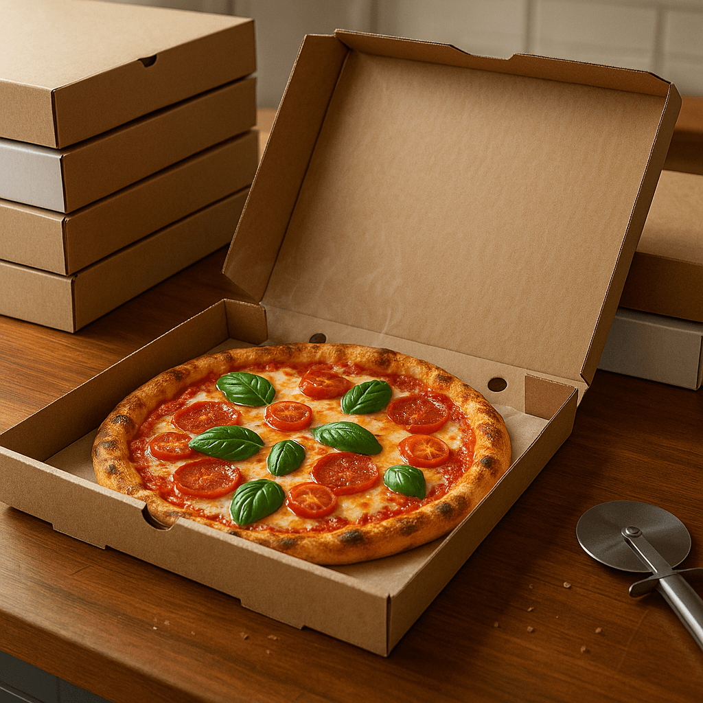 Takeaway-Pizzakartons auf einem Tresen